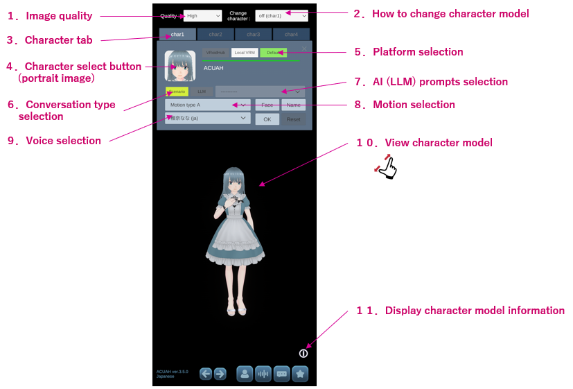 Charaacter model select and settings - Character selection and settings menu