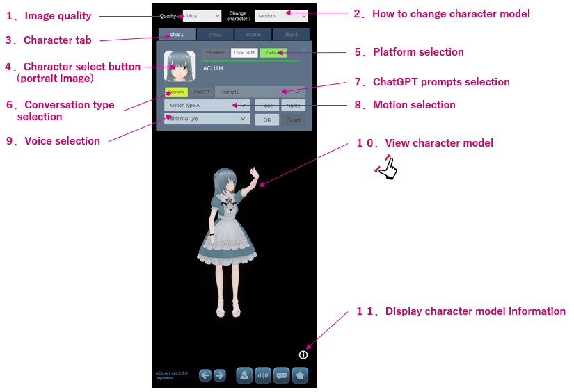 Charaacter model select and settings - Character selection and settings menu