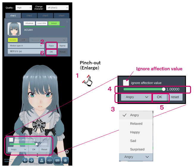 Character model select and settings - Facial expression settings