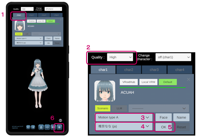 First launch of application - Character selection and settings