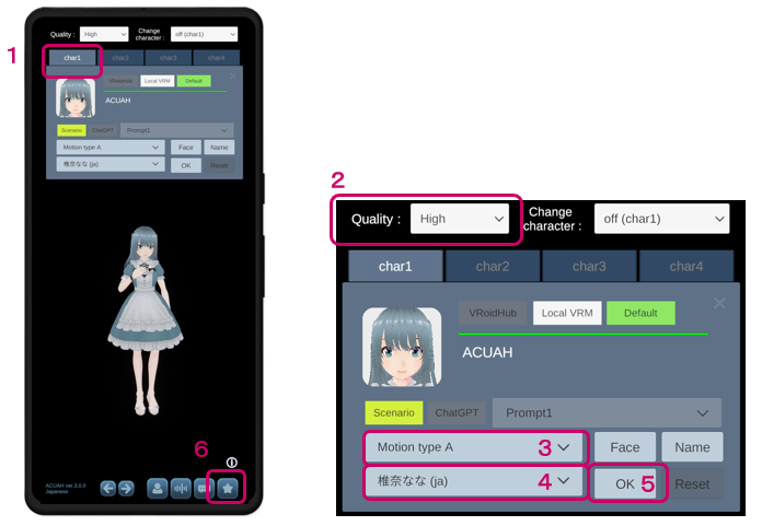 First launch of application - Character selection and settings