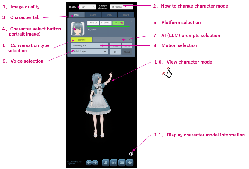 Charaacter model select and settings - Character selection and settings menu