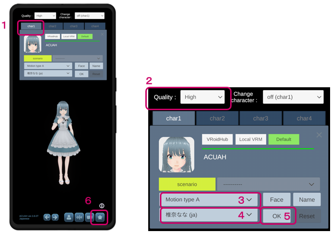 First launch of application - Character selection and settings